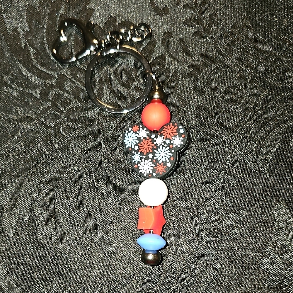 Handmade Red and Blue Beaded Keychain With A Firework Mickey